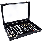 Wood Coverd with PU Leather Necklaces Display Cases, with Glass Visible Window Lid, Rectangle, Black, 35x34x4.7cm(AJEW-WH20054-340A)