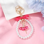 Alloy Resin & Crystal Rhinestone Ballet Dancer Pendant Decorations, with Glass Pearl Beads and Handmade Polyester Bowknot & Alloy Keychain Clasp Findings, Golden, Deep Pink, 140mm(KEYC-YW00180-06)