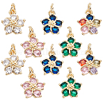 10Pcs 5 Colors Brass Clear Cubic Zirconia Pendants, Flower Charms, Long-Lasting Plated, Real 18K Gold Plated, with Jump Ring, Mixed Color, 12.5x10.5x4mm, Hole: 3.5mm, jump ring: 5x0.75mm, 2pcs/color(ZIRC-PH0001-49)
