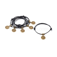 Flat Round with 12 Constellations Tibetan Style Alloy Charm Bracelets, with Adjustable Korean Waxed Polyester Cord , Antique Bronze, Inner Diameter: 2-3/8 inch(6~9cm)(BJEW-JB06365)