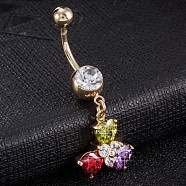 Piercing Jewelry, Brass Cubic Zirconia Navel Ring, Belly Rings, with 304 Stainless Steel Bar, Cadmium Free & Lead Free, Real 18K Gold Plated, Flower, Colorful, 42x16mm, Bar Length: 3/8"(10mm), Bar: 14 Gauge(1.6mm)(AJEW-EE0003-24C)