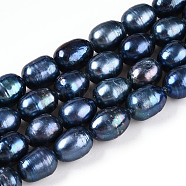 Natural Cultured Freshwater Pearl Beads Strands, Dyed, Rice, Marine Blue, 9~11.5x8~8.5mm, Hole: 0.7~0.8mm, about 34~35pcs/strand, 13.78 inch(35cm)(PEAR-N012-08L-01)