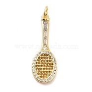 Rack Plating Brass Cubic Zirconia Pendants, Tennis Racket Charms, Long-Lasting Plated, with Jump Rings, Cadmium Free & Lead Free, Real 18K Gold Plated, 28x10x2mm, Hole: 3mm(KK-K270-40G)