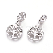Brass Micro Pave Clear Cubic Zirconia European Dangle Charms, Large Hole Pendants, Flat Round with Tree of Life, Platinum, 23mm, Hole: 5mm, Flat Round: 14x12x2mm(X-OPDL-L016-05P)