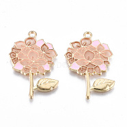 Transparent Epoxy Resin Pendants, with Eco-Friendly Alloy Findings and Enamel, Cadmium Free & Lead Free & Nickel Free, Flower, Pink, 33x22x1.5mm, Hole: 1.8mm(ENAM-Q437-059C-NR)