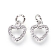 Brass Micro Pave Cubic Zirconia Charms, Lead Free & Cadmium Free, Clear, Heart, Platinum, 10.5x9x2mm, Hole: 3mm(X-ZIRC-J021-03P-RS)