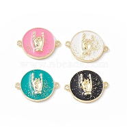 Rack Plating Brass Enamel Connector Charms, Flat Round Links with Gesture Pattern, Long-Lasting Plated, Lead Free & Cadmium Free, Real 18K Gold Plated, with Glitter Powder, Mixed Color, 17x22x4mm, Hole: 1.6mm(KK-B065-24G)
