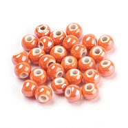 Handmade Porcelain Beads, Pearlized, Round, Orange, 8mm, Hole: 2mm(PORC-D001-8mm-18)
