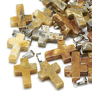 Natural Crazy Agate Pendants, with Stainless Steel Snap On Bails, Cross, 29~30x18~19x5~6mm, Hole: 6x4mm(G-T080-06)