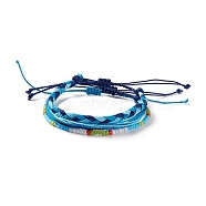 3Pcs 3 Style Plastic Braided Bead Bracelets Set, Waxed Polyester Cord Adjustable Bracelets for Women, Blue, Inner Diameter: 2~4-1/4 inch(5.1~10.7cm), 1Pc/style(BJEW-B065-08C)