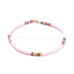 Handmade Polymer Clay Heishi Beaded Necklaces, with Brass Spacer Beads and 304 Stainless Steel Findings, Pink, 15.9~16.1 inch(40.5~41cm)(NJEW-JN02448-02)