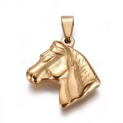 304 Stainless Steel Pendants, Horse Head, Golden, 23.5x22x3.5mm, Hole: 3.5x8mm(STAS-F223-12G)