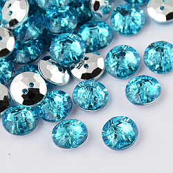 2-Hole Taiwan Acrylic Rhinestone Flat Round Buttons, Faceted & Silver Plated Pointed Back, Deep Sky Blue, 21x7mm, Hole: 1mm(BUTT-F015-21mm-25)