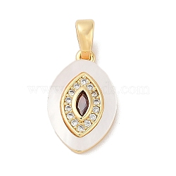 Brass Micro Pave Cubic Zirconia Pendants, Cadmium Free & Nickel Free & Lead Free, with Shell, Oval Charms, FireBrick, 16x10x3mm, Hole: 4x2mm(KK-Q030-03A-G)