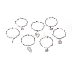 304 Stainless Steel Cable Chain Charm Bracelets, Mixed Shape, Antique Silver & Stainless Steel Color, 8-3/8 inch(21.1cm)~8-3/8 inch(21.4cm), 6mm(BJEW-O169-06)