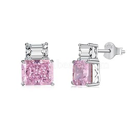 Rectangle 925 Sterling Silver Micro Pave Cubic Zirconia Stud Earrings for Woman, Real Platinum Plated, 13.5x10mm(EJEW-F350-05P)