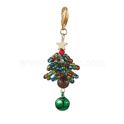 Christmas Tree Glass Seed Beads & Natural Tiger Eye Pendant Decorations, Lobster Claw Clasps and Brass Bell Charms for Bag Ornaments, Green, 70mm(HJEW-MZ00075-01)