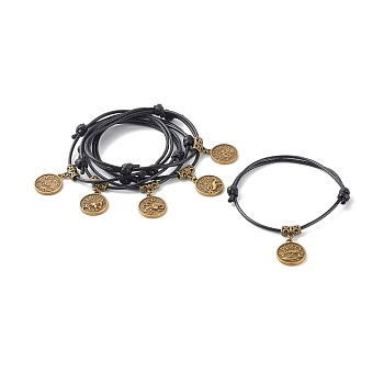 Flat Round with 12 Constellations Tibetan Style Alloy Charm Bracelets, with Adjustable Korean Waxed Polyester Cord , Antique Bronze, Inner Diameter: 2-3/8 inch(6~9cm)