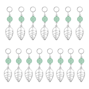 4Sets Leaf Tibetan Style Alloy Pendants, with Natural Green Aventurine Beads and 304 Stainless Steel Jump Rings, Antique Silver, 46x12mm, Hole: 6mm, 40pcs/box