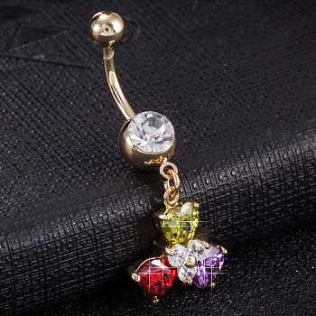 Piercing Jewelry, Brass Cubic Zirconia Navel Ring, Belly Rings, with 304 Stainless Steel Bar, Cadmium Free & Lead Free, Real 18K Gold Plated, Flower, Colorful, 42x16mm, Bar Length: 3/8"(10mm), Bar: 14 Gauge(1.6mm)