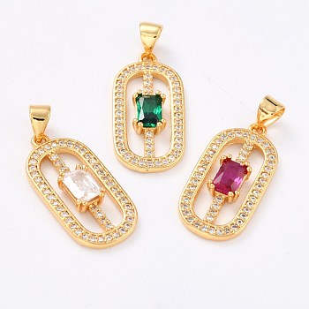 Real 18K Gold Plated Brass Micro Pave Cubic Zirconia Pendants, Long-Lasting Plated, Oval, Mixed Color, 23.5x11.5x3mm, Hole: 3.5x4.5mm