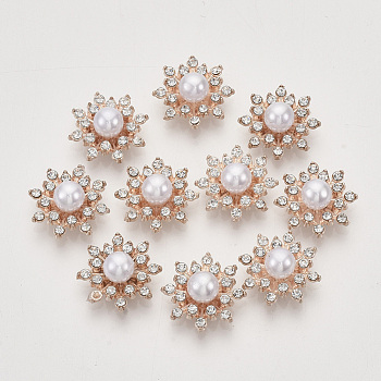 Alloy Rhinestone Cabochons, with ABS Plastic Imitation Pearl, Flower, Crystal, Light Gold, 16x8mm