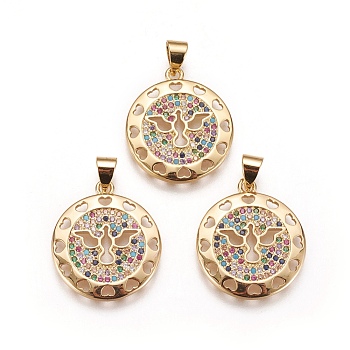 Brass Micro Pave Cubic Zirconia Pendants, Flat Round with Heart & Bird, Colorful, Golden, 21x18.5x2mm, Hole: 3.5x5mm