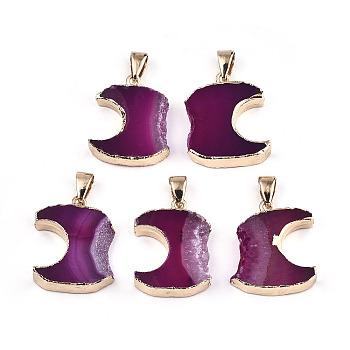 Natural Agate Pendants, Edge Light Gold Plated, with Iron Bails, Dyed, Medium Violet Red, 24~29x17~20x5~7mm, Hole: 4x7mm