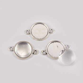 DIY Links Making, with Alloy Cabochon Connector Settings and Clear Glass Cabochons, Flat Round, Antique Silver, Connector Setting: 21x15x2mm, Hole: 2mm, Tray: 12mm, Glass Cabochon: 11.5~12x4mm, 2pcs/set