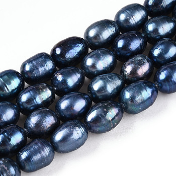 Natural Cultured Freshwater Pearl Beads Strands, Dyed, Rice, Marine Blue, 9~11.5x8~8.5mm, Hole: 0.7~0.8mm, about 34~35pcs/strand, 13.78 inch(35cm)