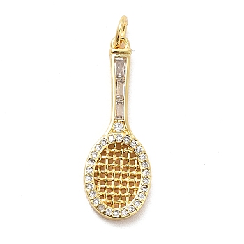 Rack Plating Brass Cubic Zirconia Pendants, Tennis Racket Charms, Long-Lasting Plated, with Jump Rings, Cadmium Free & Lead Free, Real 18K Gold Plated, 28x10x2mm, Hole: 3mm