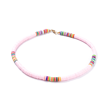 Handmade Polymer Clay Heishi Beaded Necklaces, with Brass Spacer Beads and 304 Stainless Steel Findings, Pink, 15.9~16.1 inch(40.5~41cm)