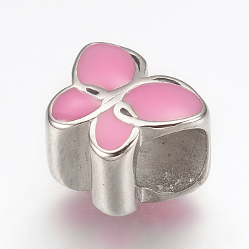 304 Stainless Steel Enamel European Beads, Large Hole Beads, Butterfly, Pink, Stainless Steel Color, 9.5x11x8mm, Hole: 5mm