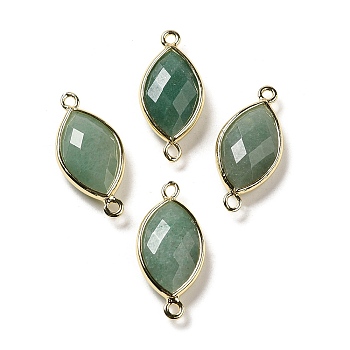 Natural Green Aventurine Faceted Connector Charms, Rack Plating Brass Horse Eye Links, Golden, 25x11.5x5.5mm, Hole: 1.6mm