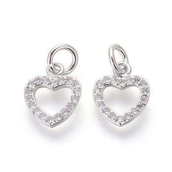 Brass Micro Pave Cubic Zirconia Charms, Lead Free & Cadmium Free, Clear, Heart, Platinum, 10.5x9x2mm, Hole: 3mm