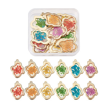 12Pcs 6 Colors Epoxy Resin Pendants, with Dried Flower Inside and Light Gold Plated Alloy Open Back Bezel, Nuggets, Mixed Color, 35x26x1.5mm, Hole: 1.6mm, 2pcs/color
