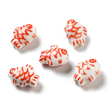 Handmade Printed Porcelain Beads, Fish, Red, 14.5~15x11.5~12x7~7.5mm, Hole: 1.6mm
