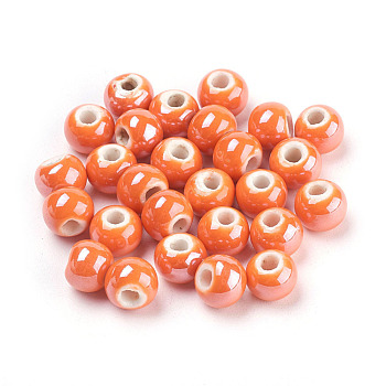 Handmade Porcelain Beads, Pearlized, Round, Orange, 8mm, Hole: 2mm