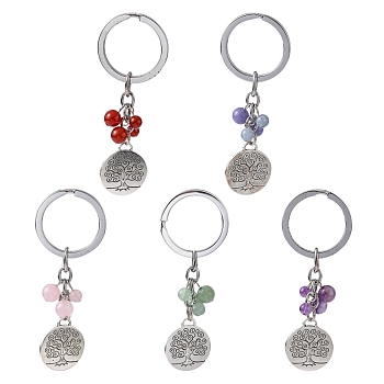 Alloy Keychain, with Gemstone Beads, Flat Round with Tree of Life, 89mm