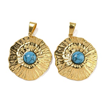 Ion Plating(IP) 304 Stainless Steel Pave Synthetic Turquoise Pendants, Flat Round Charms, Golden, 25.5x21.5x6.5mm, Hole: 5x3mm