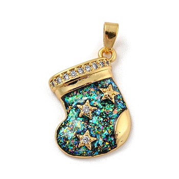 Christmas Brass Micro Pave Cubic Zirconia Pendant, with Synthetic Opal, Christmas Stocking, Prussian Blue, 19x16.5x4mm, Hole: 5x3mm