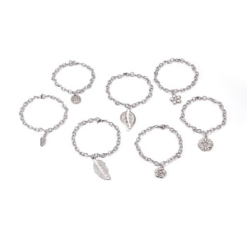 304 Stainless Steel Cable Chain Charm Bracelets, Mixed Shape, Antique Silver & Stainless Steel Color, 8-3/8 inch(21.1cm)~8-3/8 inch(21.4cm), 6mm
