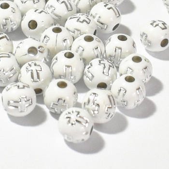 Plating Acrylic Beads, Round with Cross, White, 8mm, 1800pcs/bag