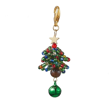 Christmas Tree Glass Seed Beads & Natural Tiger Eye Pendant Decorations, Lobster Claw Clasps and Brass Bell Charms for Bag Ornaments, Green, 70mm