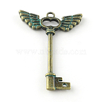 Skeleton Key Zinc Alloy Big Pendants, Cadmium Free & Lead Free, Antique Bronze & Green Patina, 58.5x40x4mm, Hole: 3.5mm(X-PALLOY-R065-157-LF)