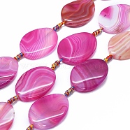 Natural Banded Agate/Striped Agate Beads Strands, Dyed & Heated, Twist, Fuchsia, 38~42x28~30x6~8mm, Hole: 2~2.5mm, about 8pcs/strand, 15.3 inch~15.9 inch(39~40.5cm)(G-I245-54A)