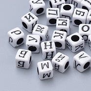 Craft Acrylic Beads, Cube with Russian Alphabet, Black, 6x6x6mm, Hole: 3mm, about 3000pcs/500g(SACR-T338-03)