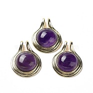 Natural Amethyst Pendants, Rack Plating Golden Plated Brass Half Round Charms, Cadmium Free & Lead Free, 28x22.5x10mm, Hole: 2x4mm(G-M405-06G-06)