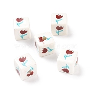 Opaque Printed Acrylic Beads, Cube with Flower Pattern, Dark Red, 13.5x13.5x13.5mm, Hole: 3.8mm(MACR-C007-01J)