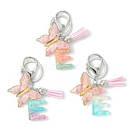 Resin & Acrylic Keychains, with Alloy Split Key Rings and Faux Suede Tassel Pendants, Letter & Butterfly, Random Gradient Color, Letter E, 8.6cm(KEYC-YW00002-05)